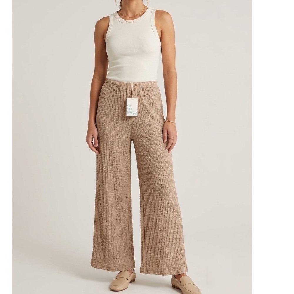 See You Monday Wide Leg Pants Women Medium Tan Textured Popcorn Knit Elastic